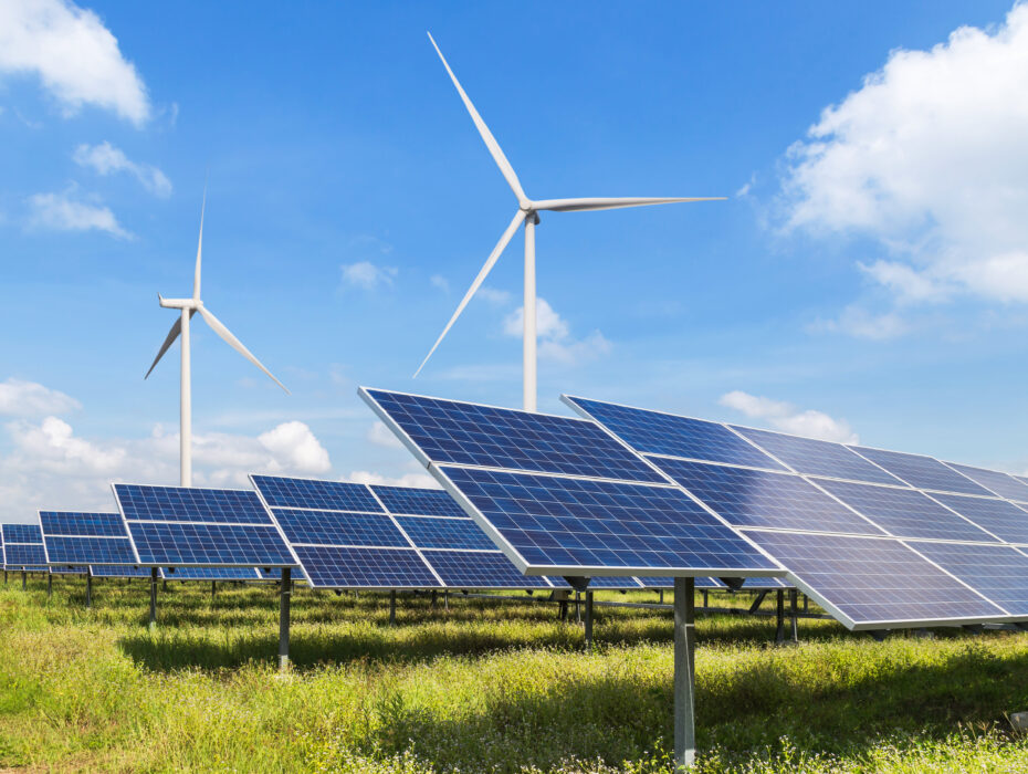 Solar panels and wind turbines in a grassy field under blue sky