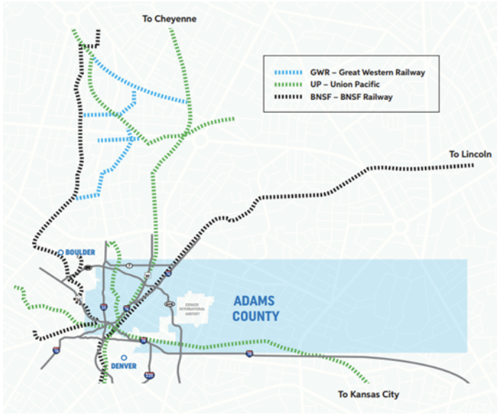 Map of railway lines around Denver, Boulder, and Adams County highlighting Great Western, Union Pacific, and BNSF routes.
