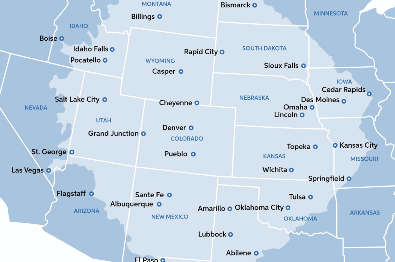 Map of central United States highlighting cities such as Denver, Albuquerque, and Omaha across multiple states.