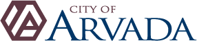 City of Arvada logo with hexagonal design and maroon-blue text