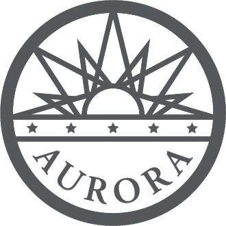 Aurora logo, stylized sun and stars in a circular design