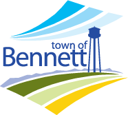 Town of Bennett logo with blue water tower, stylized fields, and sky.
