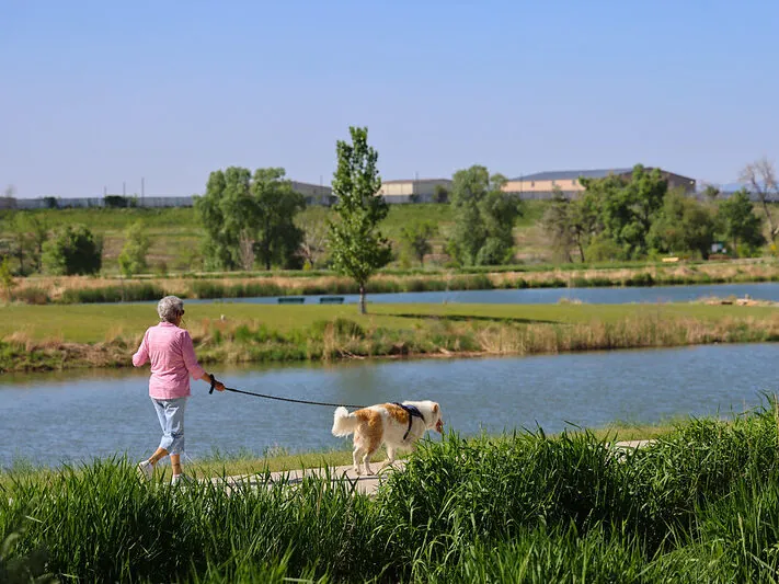Woman walking a dog on a lakeside path with lush greenery
