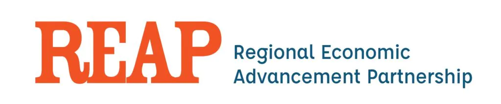 REAP logo with orange lettering, 