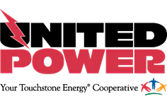 United Power logo with red text and black lightning bolt, 