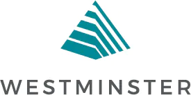 Westminster logo, teal triangular design above bold gray text