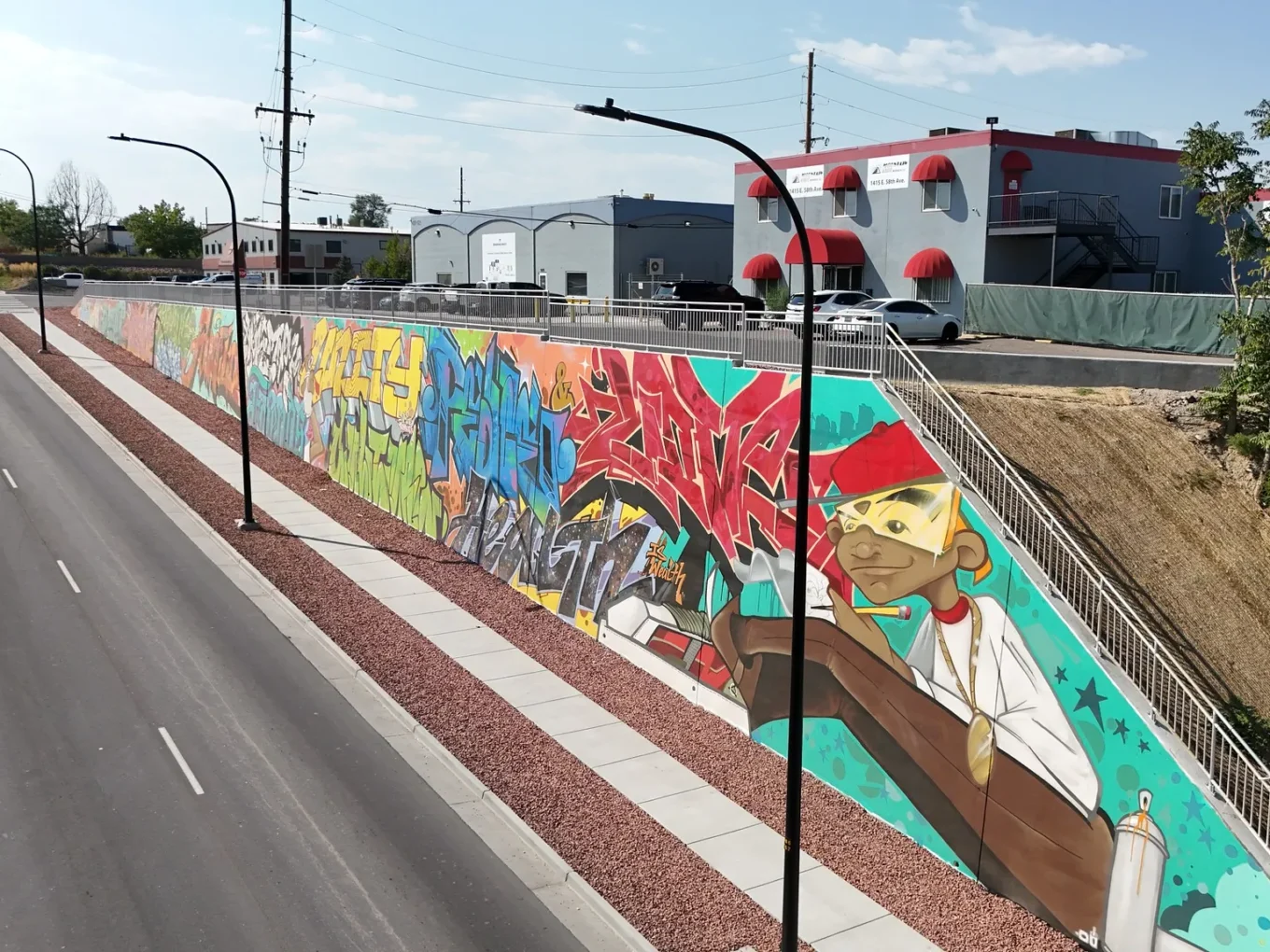 Colorful graffiti mural along roadside, featuring a character in a red cap painting.